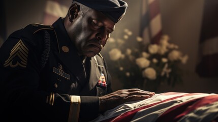 Soldier grieving over casket draped with USA flag.