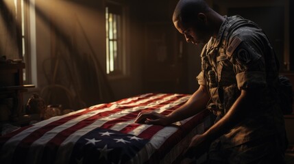 Soldier grieving over casket draped with USA flag. - obrazy, fototapety, plakaty
