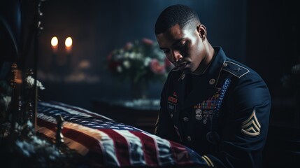 Soldier grieving over casket draped with USA flag. - Powered by Adobe
