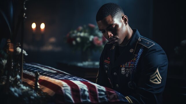Soldier grieving over casket draped with USA flag.