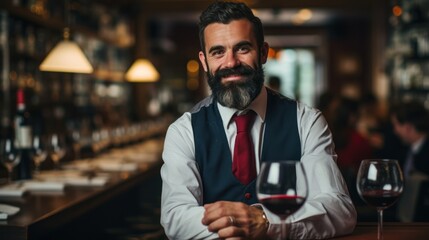 Tasting red wine in restaurant under guidance of sommelier