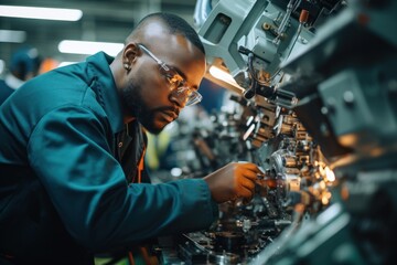 Fototapeta na wymiar Team african american engineer in uniform checking quality and dimensions of parts on CNC machinery industry car factory