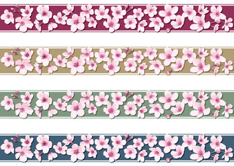 桜の飾り帯セット。水彩絵の具の和風素材。 - obrazy, fototapety, plakaty