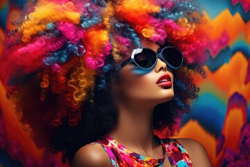 Obraz premium Beautiful stylish African American woman wearing sunglasses, bright multi-colored hair and beautiful bright clothes