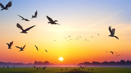 Poster World environment day concept Silhouette birds flying on meadow autumn sunrise landscape background © Rabiyah