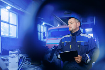 Serviceman with tablet inspection diesel engine motor of lorry and checking semi truck on background repair garage