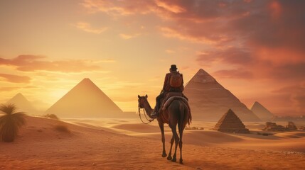 ourist man with hat riding on camel background pyramid of Egyptian Giza, sunset Cairo,