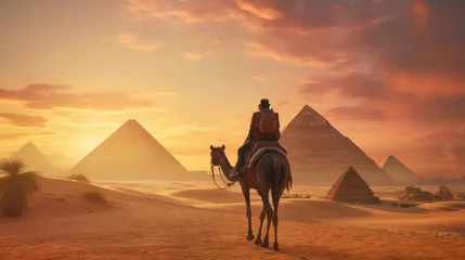 Foto op Plexiglas ourist man with hat riding on camel background pyramid of Egyptian Giza, sunset Cairo, © sirisakboakaew