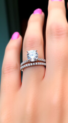 Diamon wedding ring or engagement ring on the finger on a young woman. Close up concept of love, jewelry and marriage. Shallow field of view.