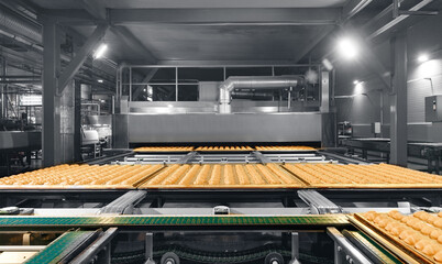 Automatic robot moves French croissants on line conveyor to oven. Concept smart robotic technology...