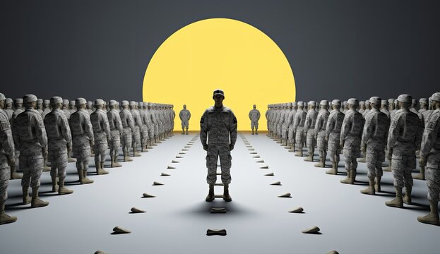 Marching army of men in uniform