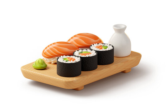 3d Sushi Set on wooden plate with soy sauce and wasabi isolated on white background. Sushi set of rolls with salmon, avocado and red fish nigiri. 3d rendered illustration