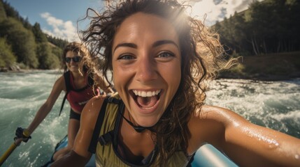 Woman whitewater river rafting, selfie closeup, canoe, kayak, paddling, extreme sports.