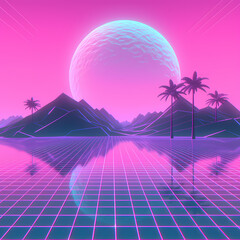 Retro futuristic background 1980s style. Digital landscape in a cyber world. Retro Wave music album cover template with sun, space, mountains and laser grid on terrain.