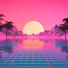 Keuken foto achterwand Snoeproze Retro futuristic background 1980s style. Digital landscape in a cyber world. Retro Wave music album cover template with sun, space, mountains and laser grid on terrain.