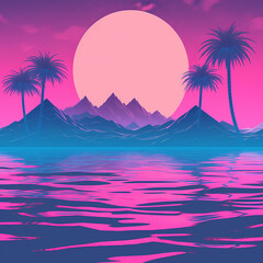 Retro futuristic background 1980s style. Digital landscape in a cyber world. Retro Wave music album cover template with sun, space, mountains and laser grid on terrain.