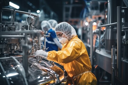 Worker man and woman control brewery production line.