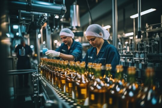 Worker man and woman control brewery production line.