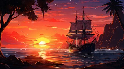 Obraz premium Pirate ship in a tropical cove or bay at sunset, landscape, wide banner