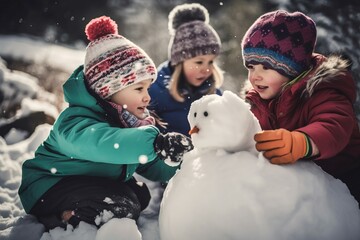Children building snowman. Winter fun outdoor play with snow. Generate Ai
