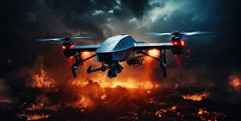 Military drone at battle field, new war tactic - obrazy, fototapety, plakaty