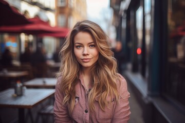 Portrait of a beautiful young woman with long blond hair in a cafe