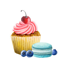 Cupcake with whipped cream and cherry, blue teal macaroons and blueberries watercolor illustration isolated on white background. Delicious colorful dessert food for celebrations and events