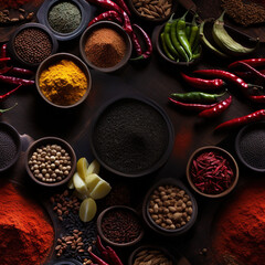 Different kinds of spices and herbs repeat pattern flat lay, Indian food cooking mix kitchen table top seasoning colorful variety
