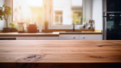Empty wooden table in front of blurred modern kitchen background, product display montage. High quality photo