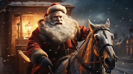 Funny Santa with white beard riding a horse cart and hurry in Christmas gift delivery at night in snowy background        