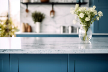White marble countertop in modern blue kitchen with vase of flowers background. High quality photo