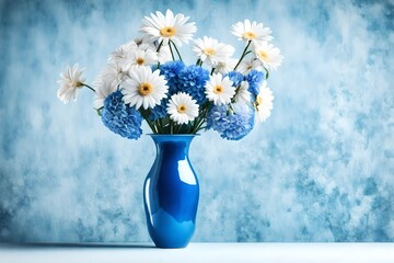 Blue vase full of flowers isolated on white background