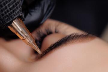 Procedure Permanent makeup tattoo for eyebrows. Detail of beautiful woman with black brows in beauty salon - obrazy, fototapety, plakaty