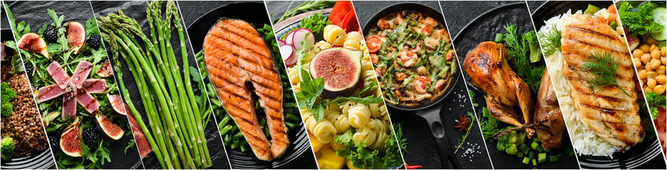 Photo collage. Chicken, fish and meat dishes and vegetables on a dark background. Top view.