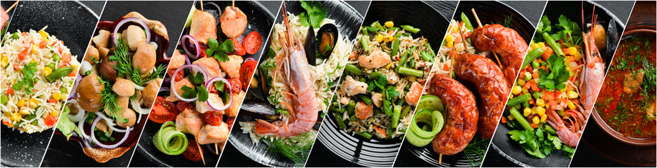 A photo collage of vegetables, meat and seafood dishes. A set of dishes in plates. Photo banner for a food site. - obrazy, fototapety, plakaty