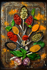 A set of colored spices in spoons. Cooking. Vertical photo. Top view.