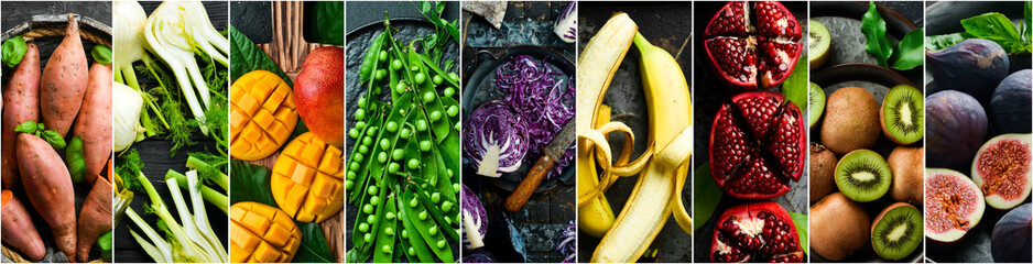 Organic food - photo collage. Set of fresh vegetables, fruits and organic healthy food. Photo...
