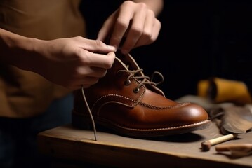 Craftsman professional care leather shoes work place. Fashion person man equipment. Generate Ai