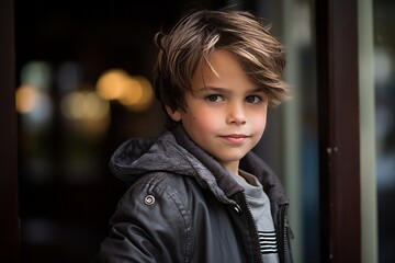Portrait of a cute little boy in a leather jacket and gray scarf