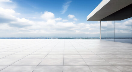 Empty square floor with cityscape and skyscraper in blue cloud sky background. High quality photo