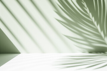 Empty room with shadow of palm leaf on the light green wall. High quality photo