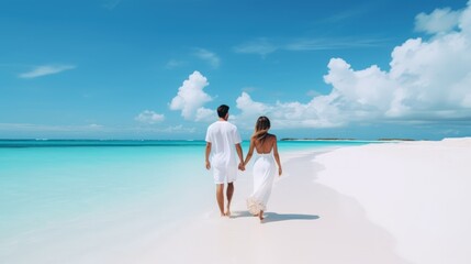 A couple walking on a white sand beach on a paradise island