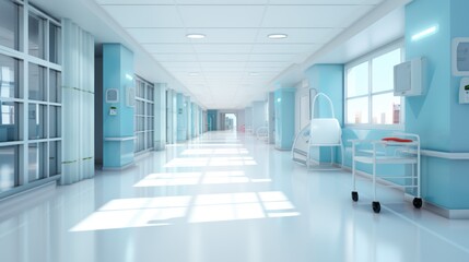 Obraz premium A long, bright hospital corridor with rooms and seating.