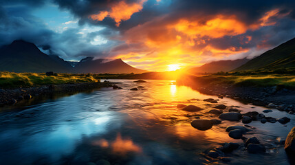 Fototapeta premium Good morning with sunshine. Sunset in a beautiful landscape