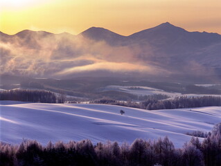 凍てついた朝の十勝岳連峰（上富良野町）