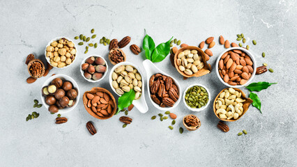 assorted nuts and dried fruit collection. Assorted nuts almonds, pistachio, cashews, walnut....