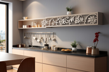 Corner of stylish kitchen with white walls, concrete floor, white cupboards and wooden bar with stools. 3d rendering