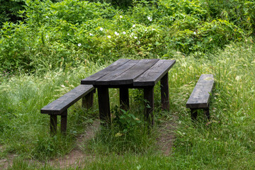 Two wooden benches and a large dining table in the forest. A place to rest in nature.