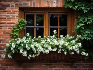 Fototapeta na wymiar Window box with white flowers brick wall, generative ai