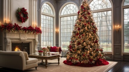 Fototapeta na wymiar Luxury interior with sofa and Christmas tree. Interior design on New Year's Eve and Christmas.
